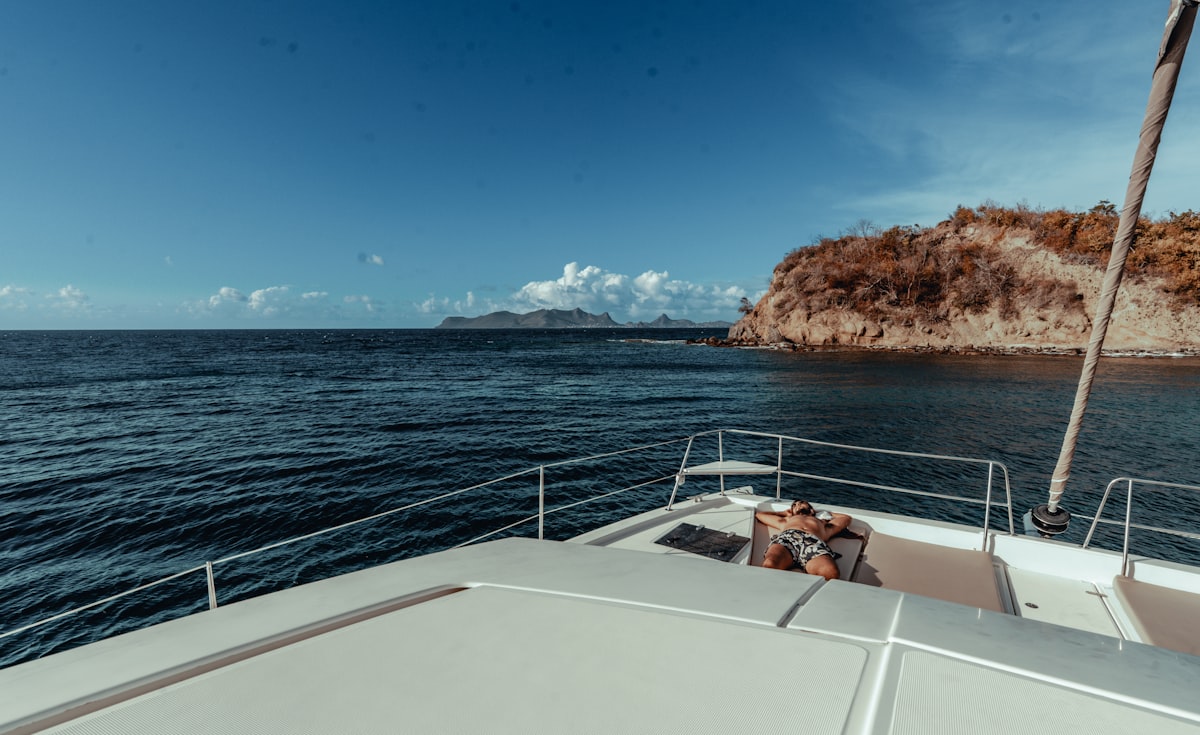 Catamarán navegando en el océano — la cubierta amplia y los dos cascos crean muchos puntos de posada que requieren protección StopGull múltiple
